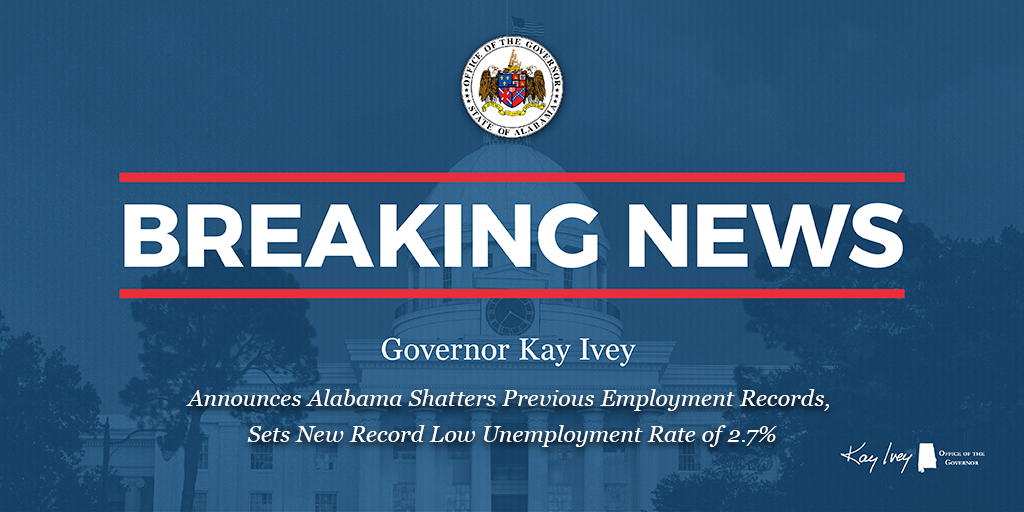 Governor Ivey Announces Alabama Hits Brand-New Record Low Unemployment Rate
