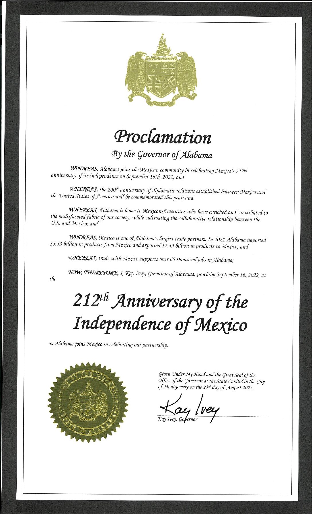 212th Anniversary of the Independence of Mexico Proclamation - Office of  the Governor of Alabama