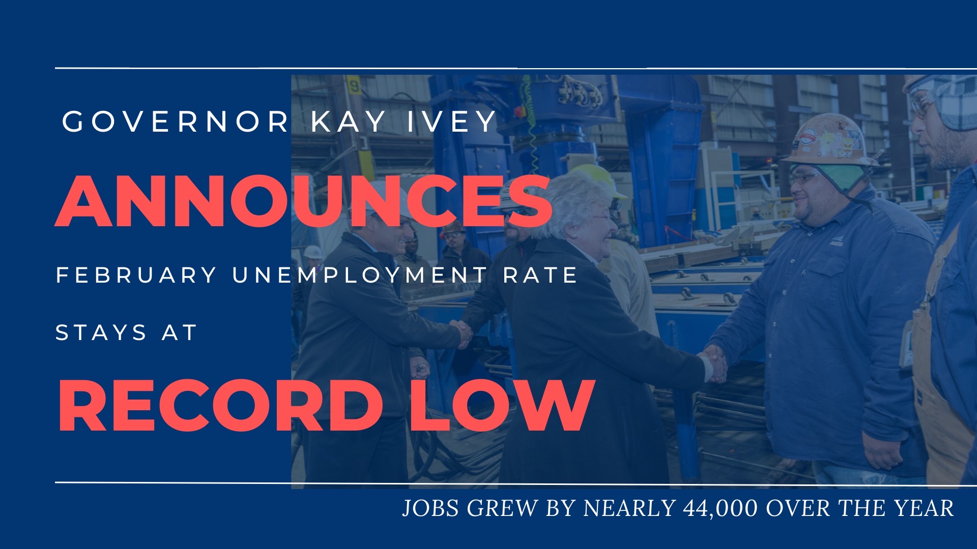 Governor Ivey Announces February Unemployment Rate Ties Record Low, Dropping to 2.5%